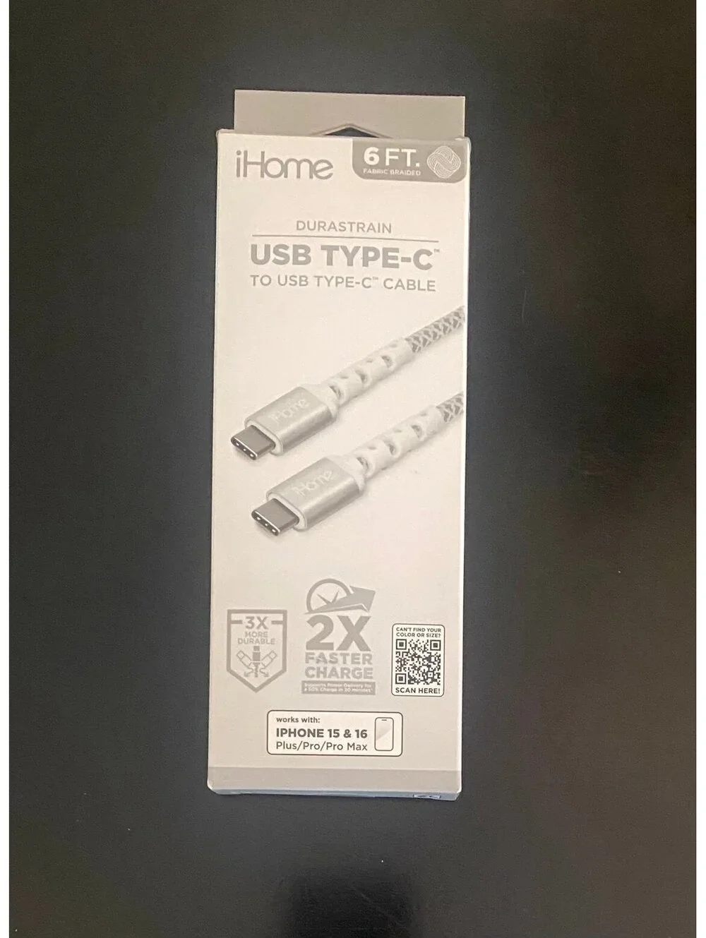 IHOME 6ft USB-C to USB-C Cable Nylon Braided with Cable Wrap While